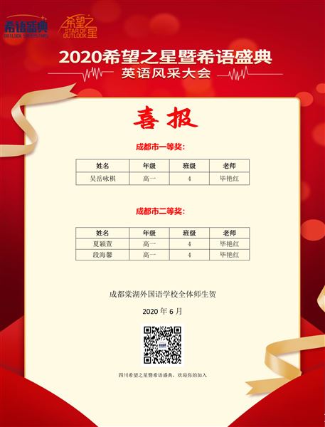 喜报：我校高二学生陈乐一在“希望之星”复赛中以四川省第一名的优异成绩进入全国总决赛