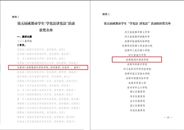 第五届成都市学生“学宪法 讲宪法”活动获奖名单2
