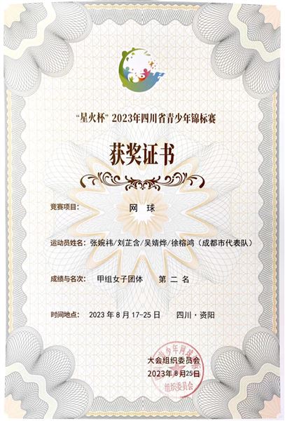 甲组女子团体第二证书