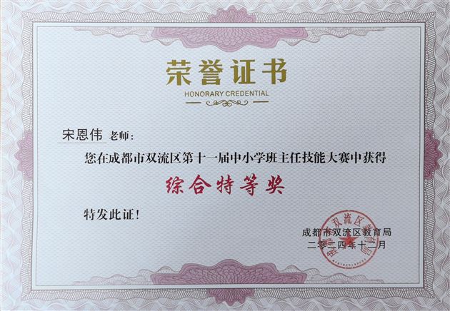 宋恩伟老师获奖证书