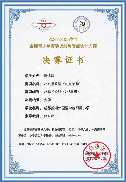 金牌少年！棠外附小郭逸辰闪耀2025全国青少年劳动技能与智能设计大赛