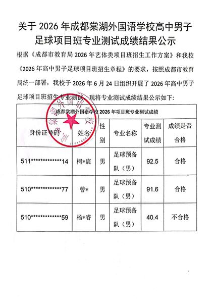 成都棠湖外国语学校高中男子足球项目班专业测试成绩结果公示