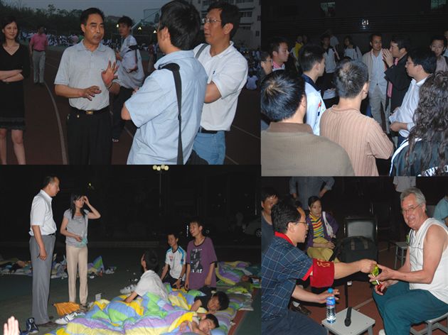 2008年5月12日地震后，学校疏散学生到运动场休息,全体领导和老师现场组织和协调